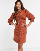 Mango Ruched Front Shirt Dress In Brown
