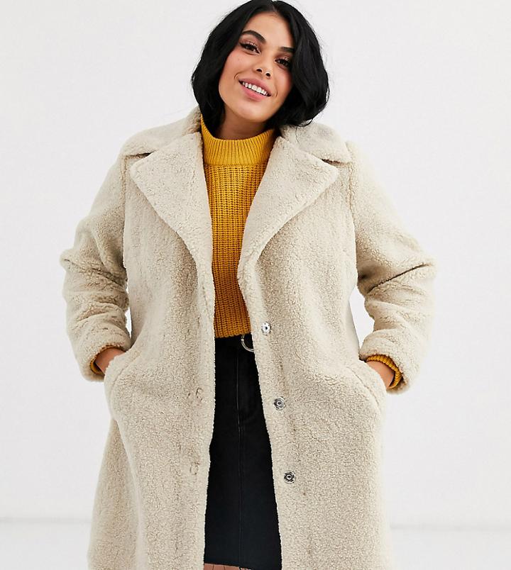 New Look Curve Borg Coat In Cream