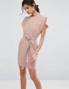 Asos Belted Mini Dress With Split Cap Sleeve - Pink