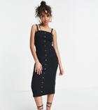 Asos Design Petite Midi Button Up Ribbed Dress With Frill Hem In Black