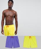 Asos Design Swim Shorts In Retro Purple & Yellow Mid Length 2 Pack Multipack Saving