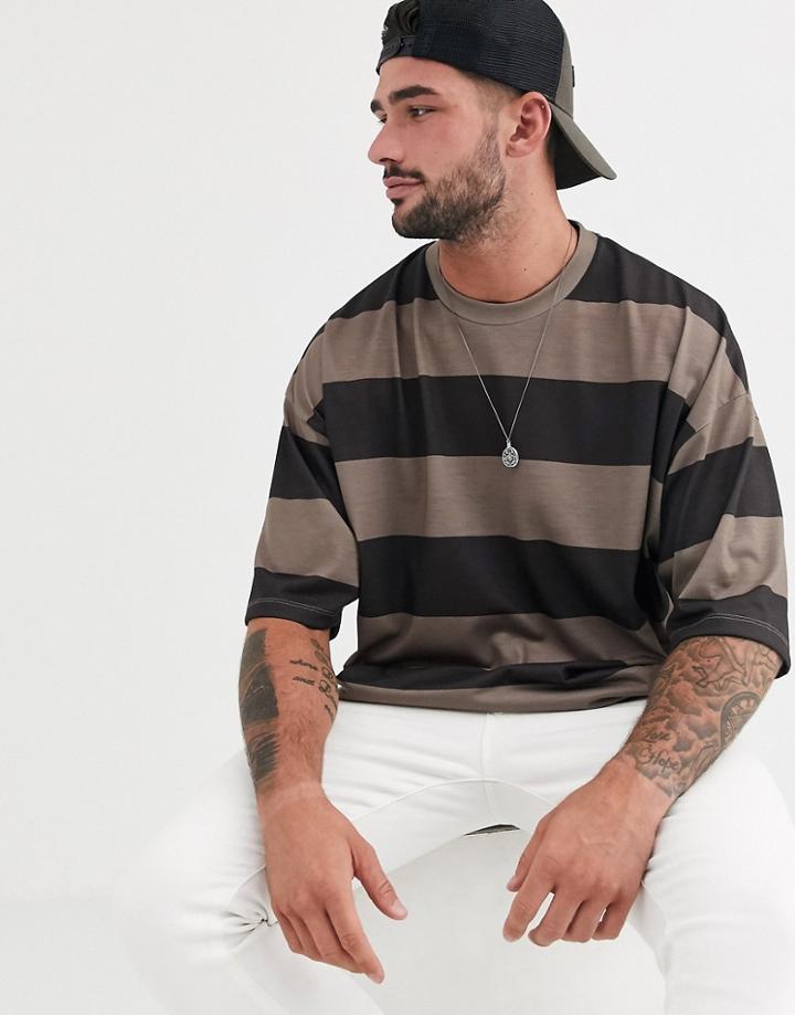 Asos Design Oversized Wide Stripe T-shirt In Brown And Beige