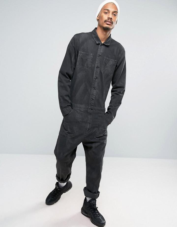 Asos Denim Boiler Suit In Washed Black - Black