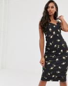 Asos Design Floral Tie Back Midi Dress - Black