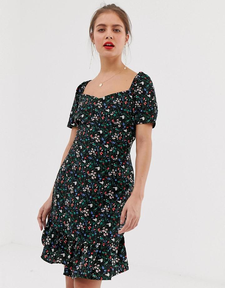 Vila Square Neck Floral Dress With Frill Hem - Multi