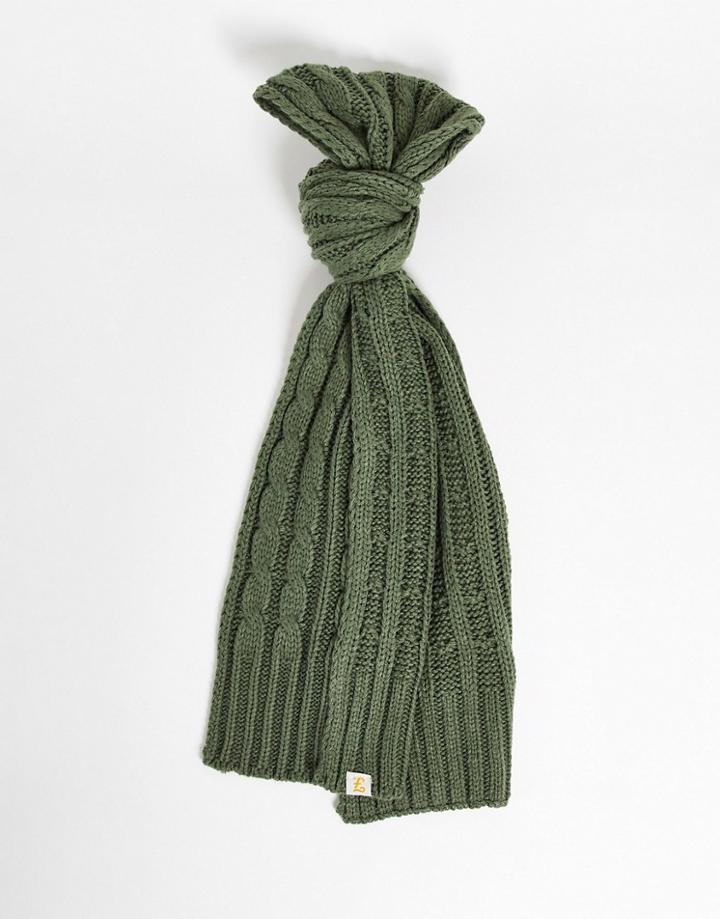 Farah Logo Cable Knit Scarf In Khaki-green