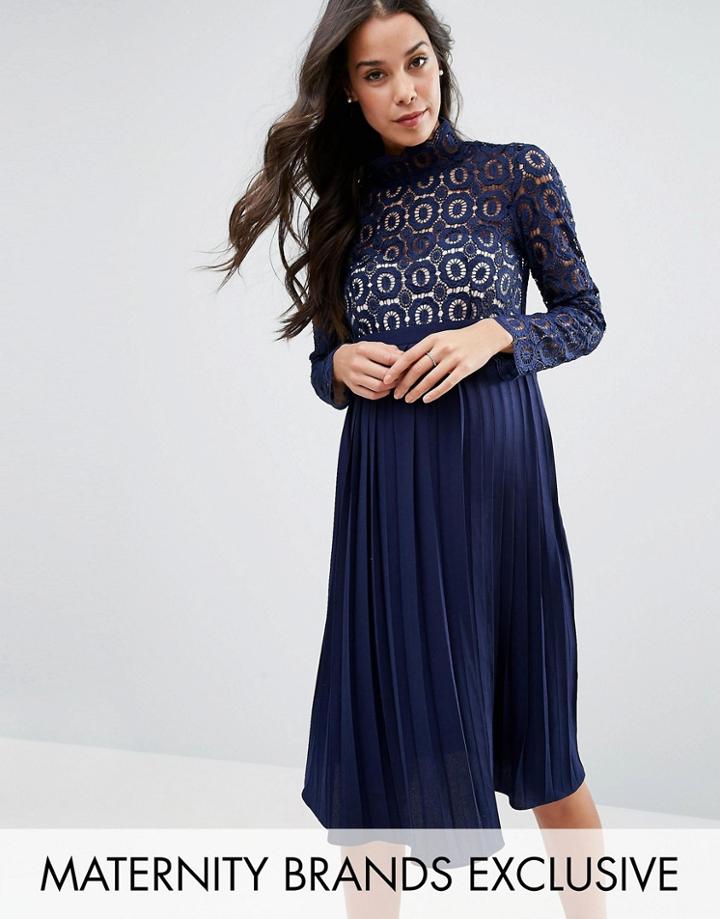Little Mistress Maternity Long Sleeve Lace Bodice Pleated Midi Dress - Navy