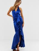 City Goddess Ruffle Satin Maxi Dress-blue