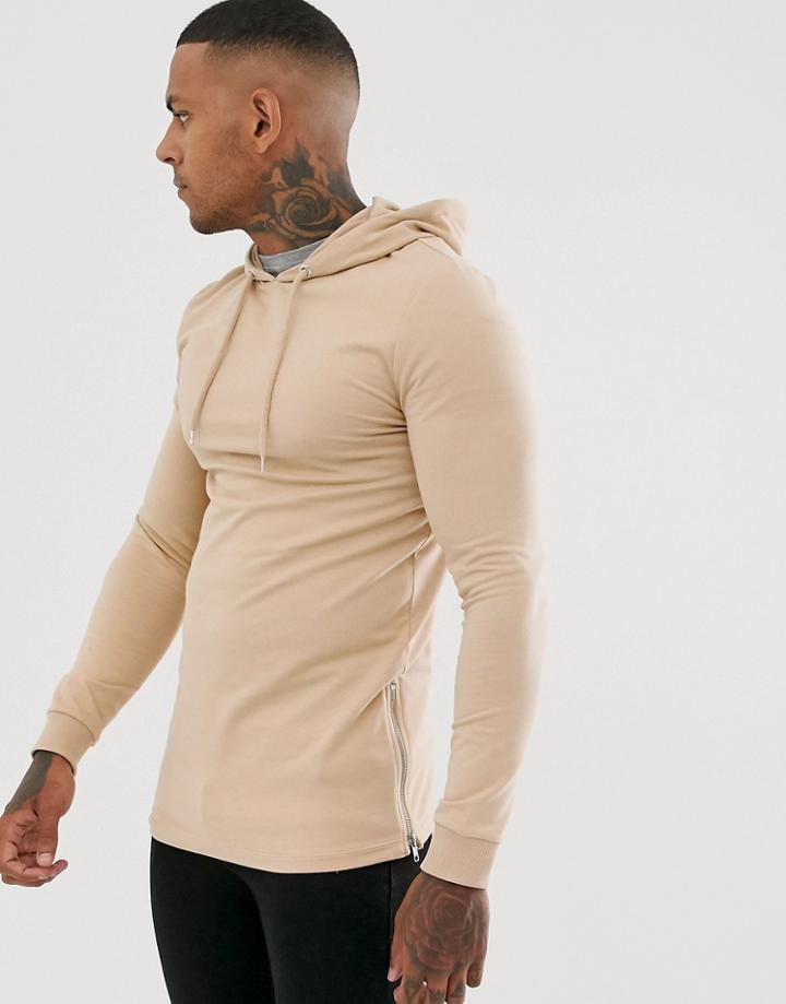 Asos Design Muscle Longline Hoodie With Side Zips In Beige