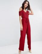 Club L Cold Shoulder Velvet Culotte Jumpsuit - Red