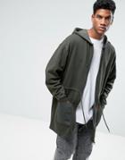 Asos Oversized Extreme Longline Jersey Parka With Woven Pockets & Ring Pulls & Raw Edge - Green