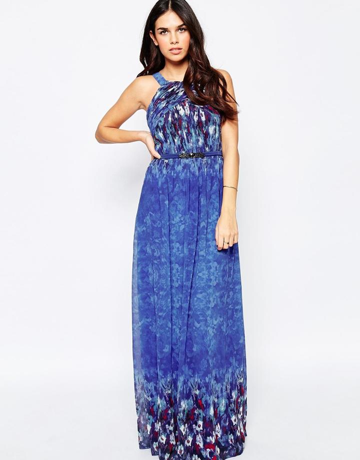 Little Mistress Maxi Dress With Water Paint Floral - Blue