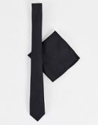 Asos Design Slim Tie And Pocket Square In Black