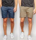 Asos 2 Pack Slim Chino Shorts In Stone & Blue Save - Multi