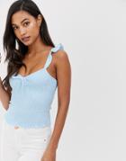 Fashion Union Shirred Cami Top With Tie Front Detail - Blue