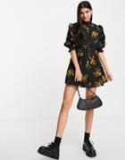 Asos Design Button Front Channel Smock Romper In Mustard Floral-multi