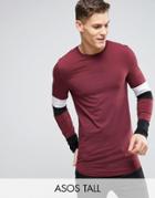 Asos Tall Longline Muscle Long Sleeve T-shirt With Paneled Sleeves And Curved Hem - Red