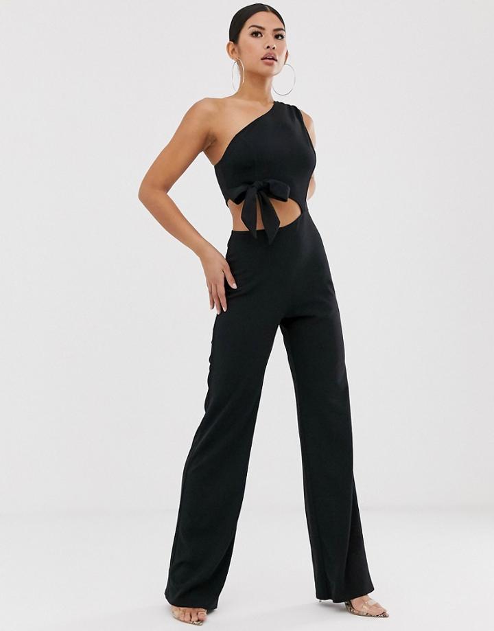 Asos Design One Shoulder Cut Out Jumpsuit With Bow Detail And Wide Leg-black
