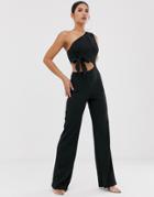Asos Design One Shoulder Cut Out Jumpsuit With Bow Detail And Wide Leg-black