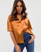Asos Design Bowling Shirt In High Shine Satin - Orange