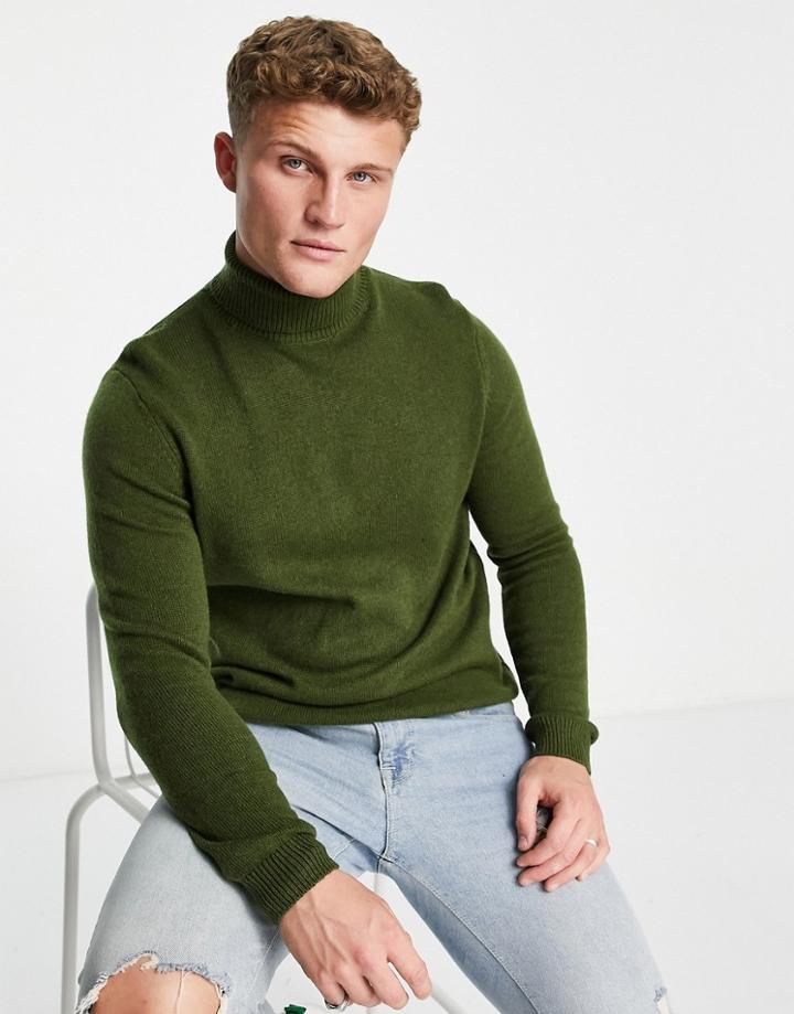 Asos Design Lambswool Roll Neck Jumper In Khaki-green