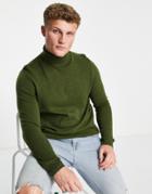 Asos Design Lambswool Roll Neck Jumper In Khaki-green