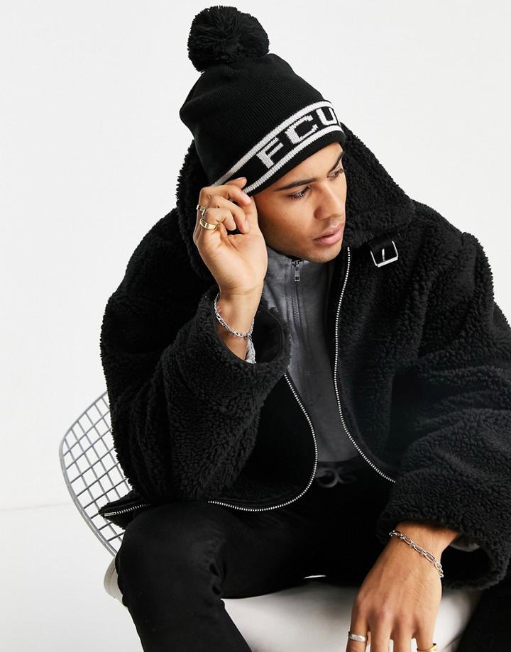 Fcuk Logo Bobble Beanie Hat In Black