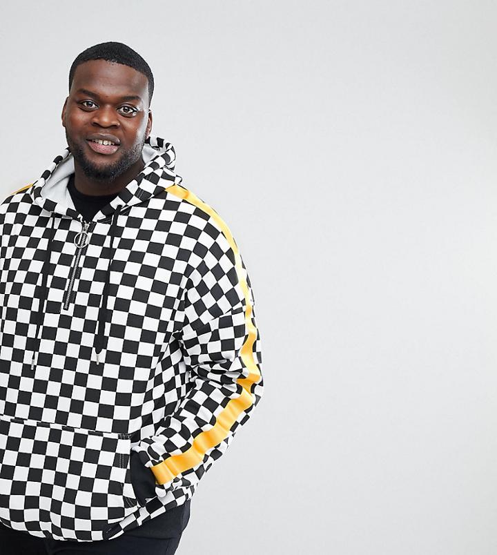Sixth June Plus Oversized Hoodie In Checkerboard With Yellow Stripe - White
