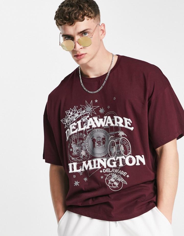 Asos Design Oversized T-shirt In Burgundy With Collegiate Print-red