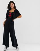 Asos Design Rose Embroidered Lace Insert Jumpsuit - Black