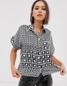 River Island Short Sleeved Shirt In Monogram Print-black