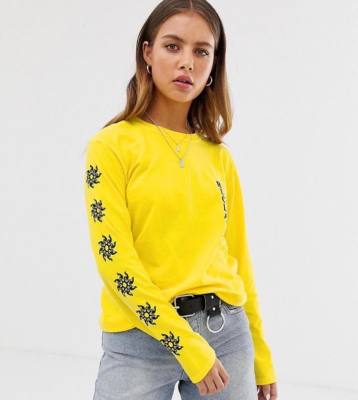 Reclaimed Vintage Inspired Long Sleeve T-shirt In Yellow With Sun Sleeve Print