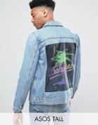 Asos Tall Denim Jacket With Back Print In Mid Wash - Blue