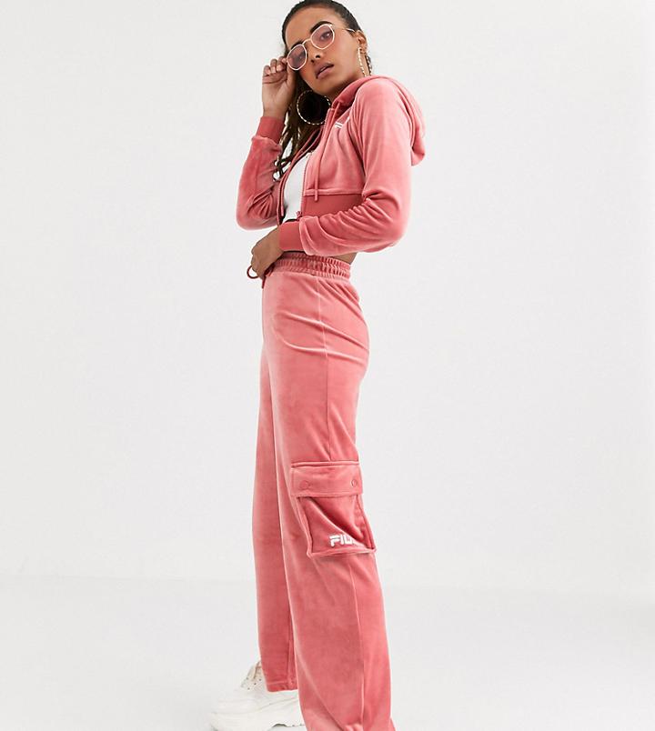 Fila Wide Leg Sweatpants With Cargo Pockets In Velour-red