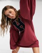 Asos Design Oversized Balloon Sleeve Sweat Mini Dress With Letter Graphic In Burgundy And Navy-red