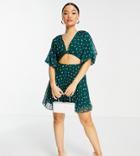 Asos Design Petite Wrap Around Pleated Mini Dress In Green White Spot Print-multi