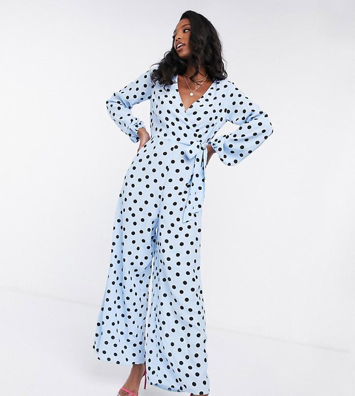 Asos Design Tall Wrap Tie Jumpsuit In Blue Spot Print-multi