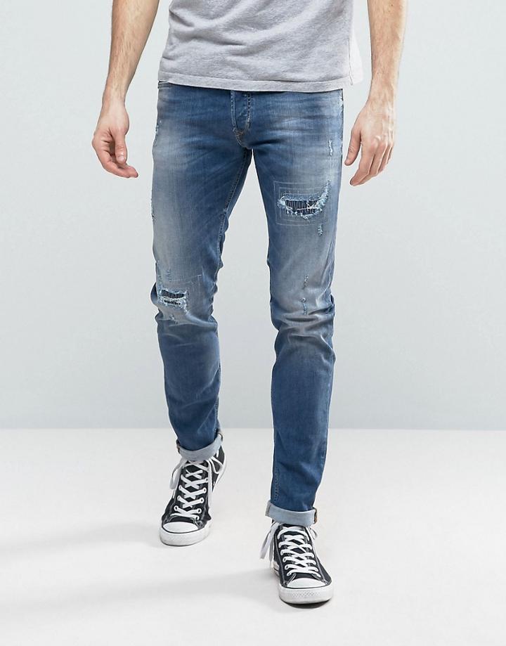 Diesel Sleenker Skinny Jean 679c Mid Wash Rip And Repair - Blue