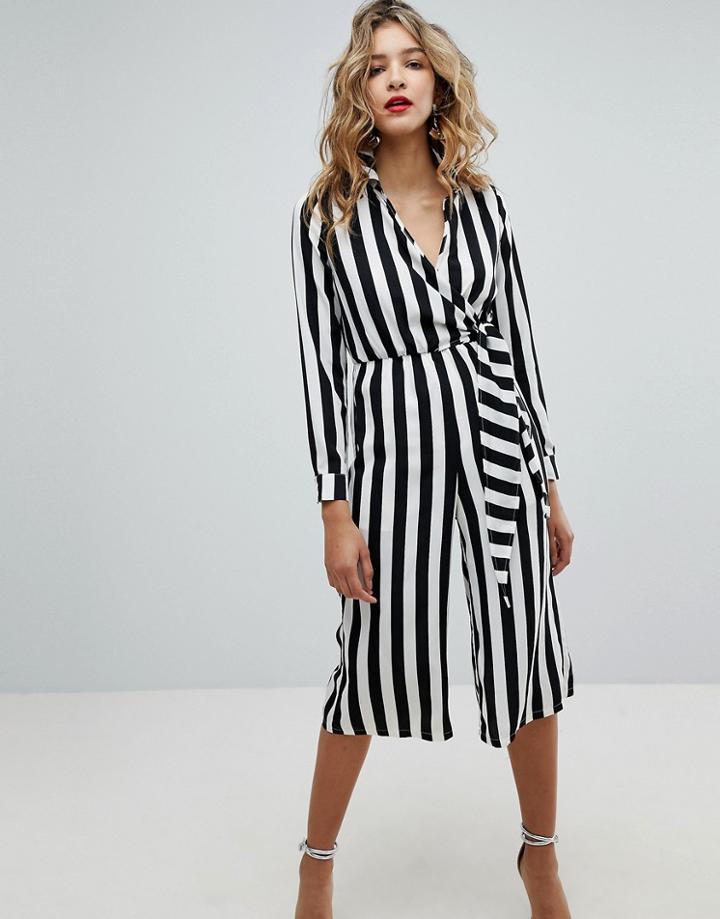 Missguided Wrap Front Stripe Jumpsuit - White