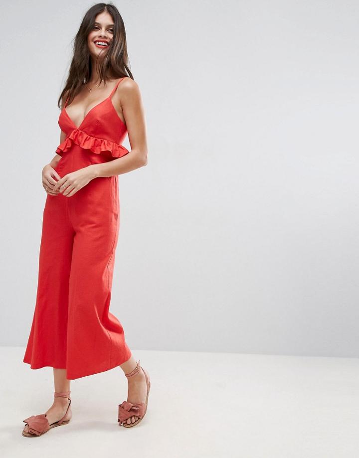 Asos Linen Ruffle Cami Jumpsuit - Red