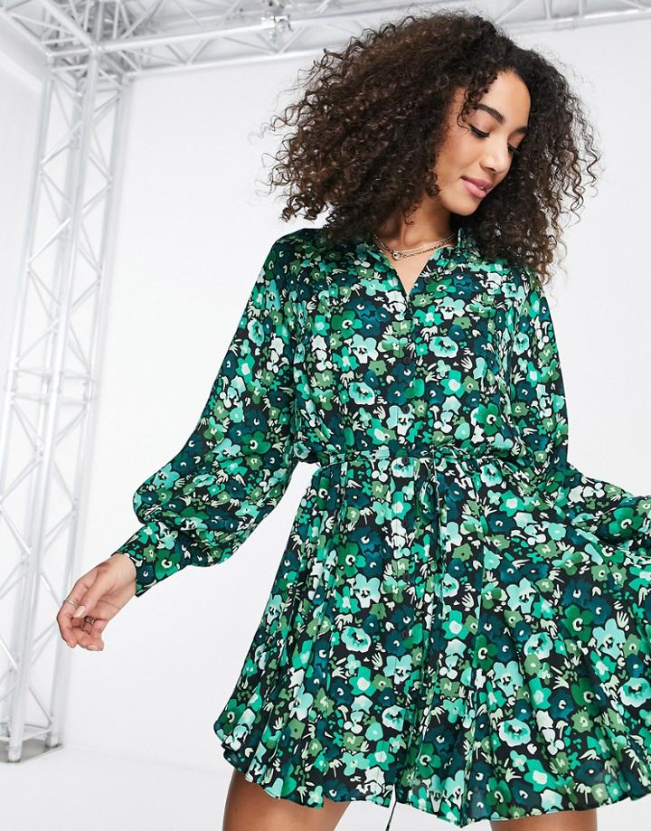 Topshop Grunge Floral Mini Shirtdress In Green