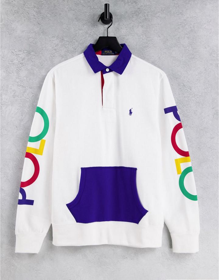 Polo Ralph Lauren Contrast Collar Rainbow Sleeve Logo Sweat Rugby Polo In White