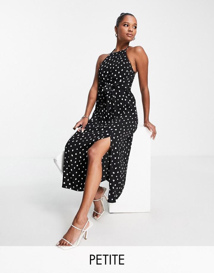 Ever New Petite Halter Neck Midi Dress In Polka Dot-black