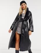 Daisy Street Longline Coat With Faux Fur Trim In Vinyl-black