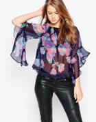 Ax Paris Off Shoulder Top With Flared Sleeves - Navy Print