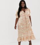 Asos Design Curve Knot Front Midi Dress In Natural Zebra Print - Multi