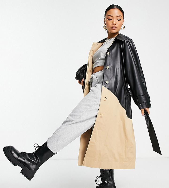 Asos Design Petite Faux Leather Spliced Coat In Stone-neutral