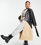 Asos Design Petite Faux Leather Spliced Coat In Stone-neutral