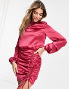 Aria Cove Satin High Neck Flare Sleeve Mini Dress With Ruched Skirt Detail In Hot Pink