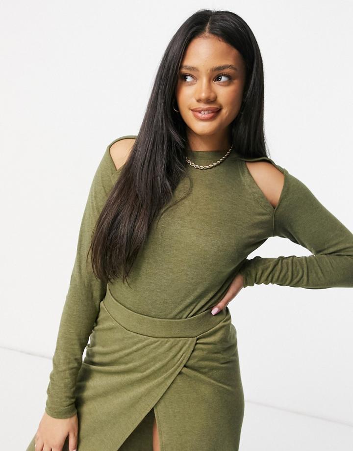 Unique21 Knit Cut Out Long Sleeve Top In Burnt Khaki-green